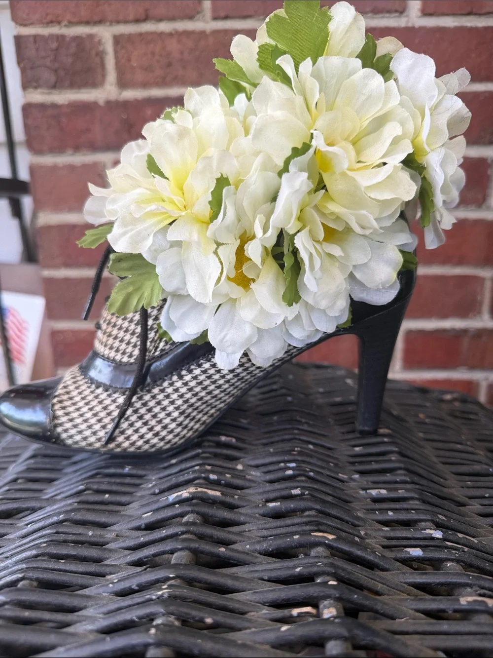 Floral Arrangement in Houndstooth Lace-Up Heeled Shoe